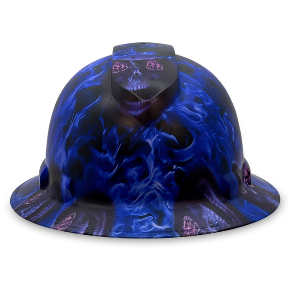 Full Brim Pyramex Ridgeline Hard Hat Construction Osha Approved Hardhats, Men Women Safety Helmet, 4 Point, Custom Blue Banshee Skull Design, By Acerpal
